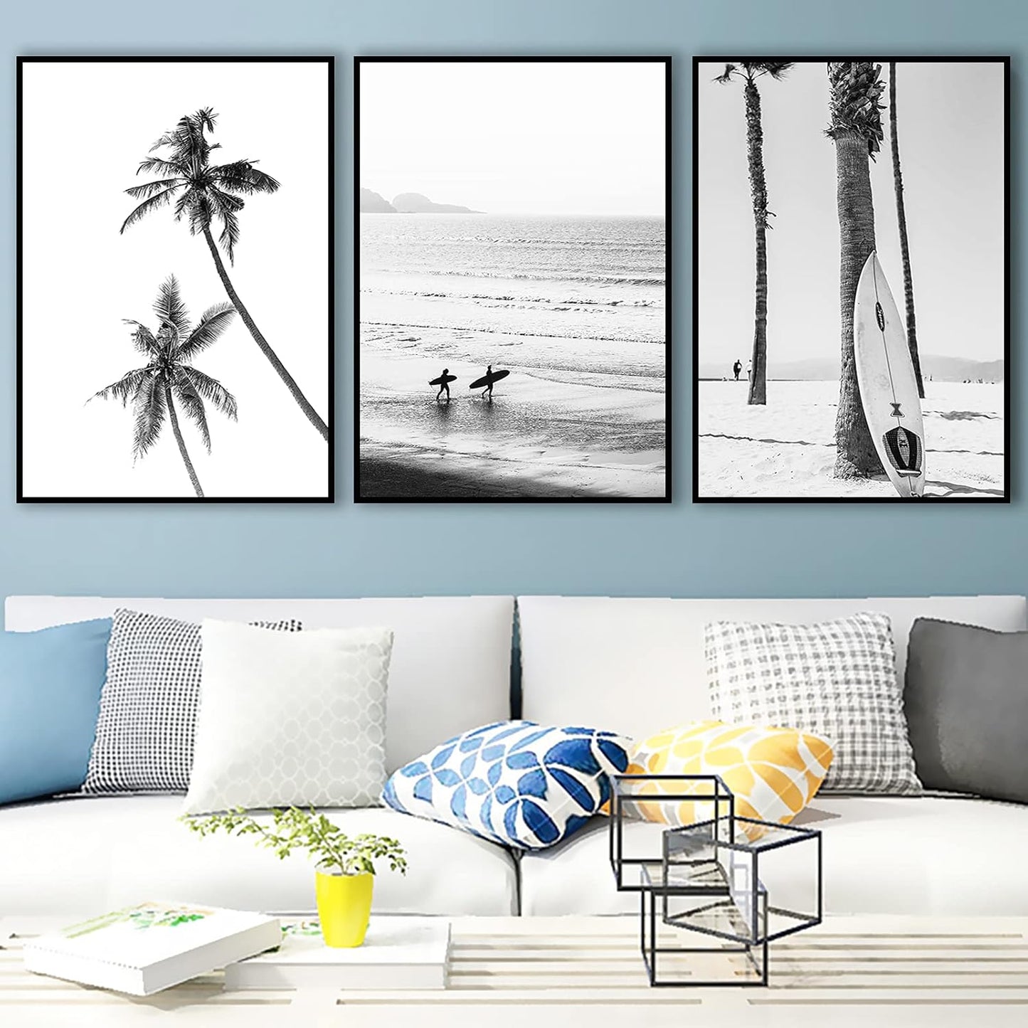 VLOLIFE Black and White Coastal Surfing Landscape Posters and Prints, Unframed Canvas Painting Home Decor 16X24inchX3