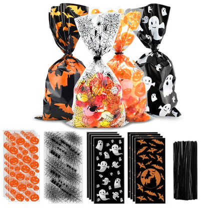 ERKOON Halloween Candy Bags 200pcs Pumpkin Spider Web Bat Ghost Print Treat Bags with Twist Ties for Halloween Party Supplies, Bulk Gift Bags for Trick-or-Treat