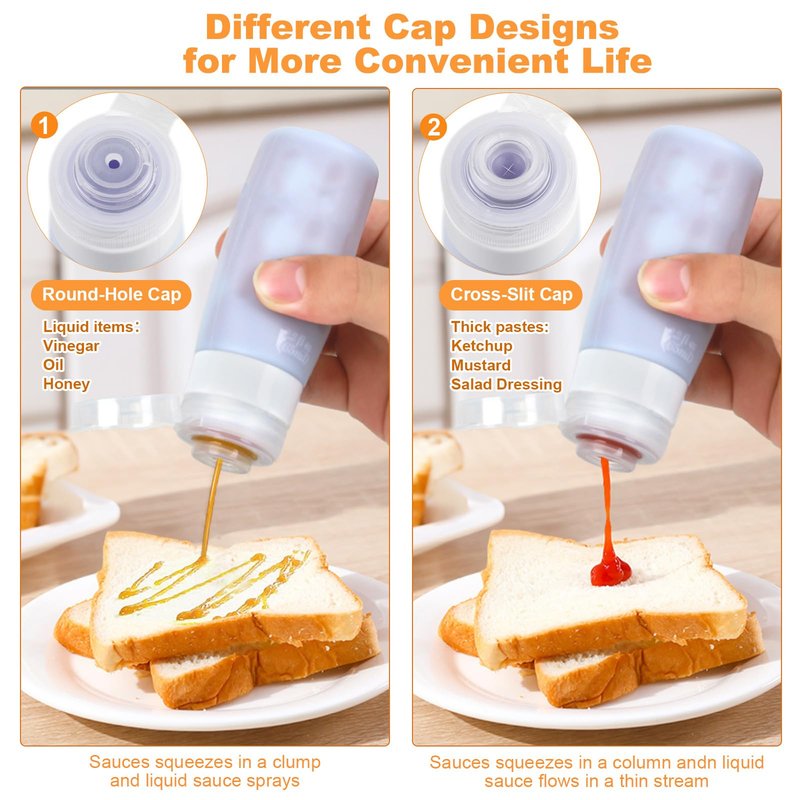 Seropy Condiment Squeeze Bottles for Sauces, Salad Dressing Container to Go, Small Silicone Squeeze Bottles, Condiment Containers Dispenser for Ketchup Hot Sauce, Purple/Beige/Blue/Gray 3 Oz