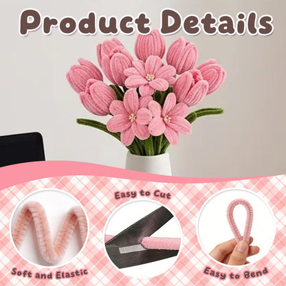 houlishu 400 Pcs Pipe Cleaners Craft Kit - 300 Pink 100 Green Chenille Stems with Floral Wires Stamens Ribbon Adhesive Tapes for DIY Flower Making