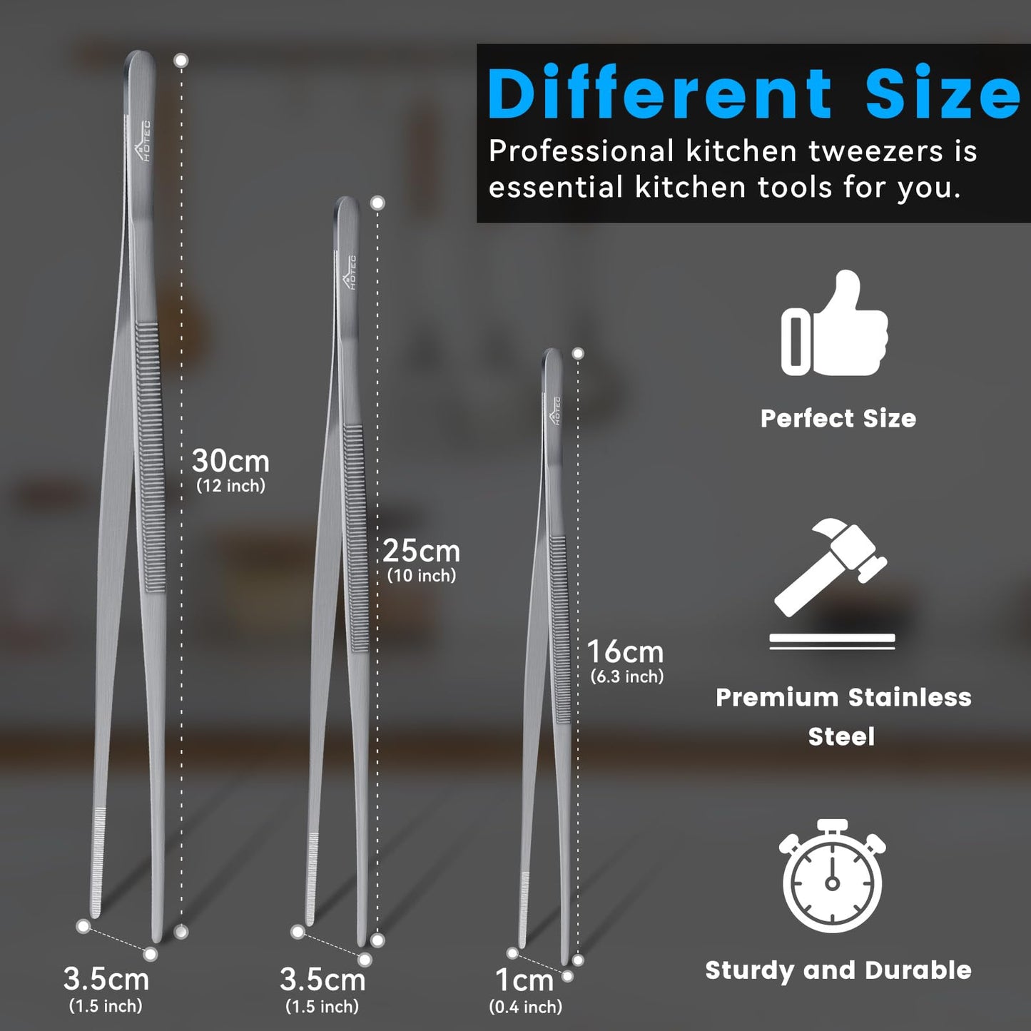 HOTEC Kitchen Tweezers Tongs Stainless Steel Professional Chef Tweezers, Set of 3-6.3", 10" and 12inch Food Tongs for Cooking, Repairing, Dessert, BBQ, Meat, Pasta, Silver
