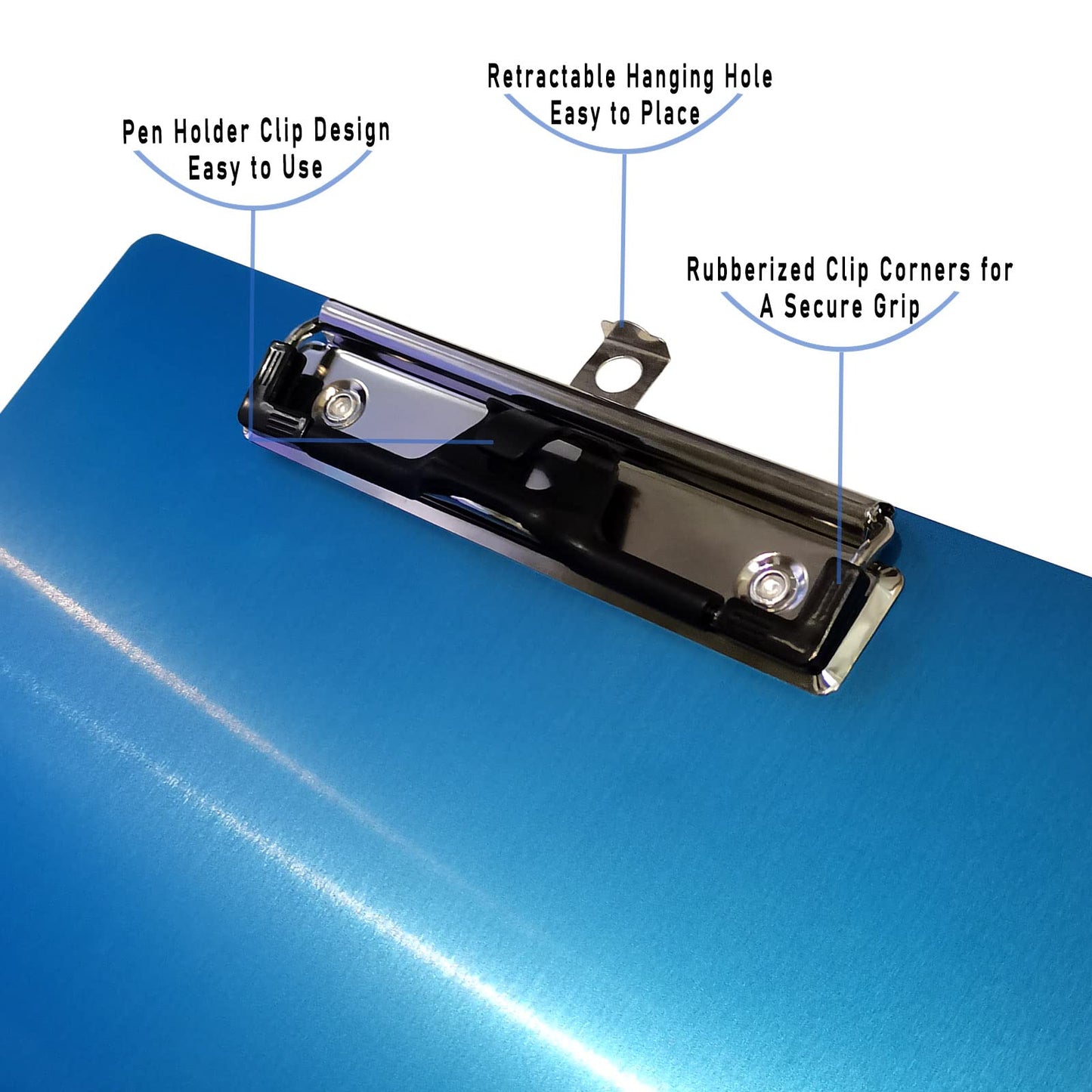 Aluminum Metal Clipboard Stainless Hangable Pen Holder Low-Profile Clip Board Size A4 9" x 12.6" with Sticky Note for School Office Business Medical Professionals Workshop Factory (Blue, Aluminum-A4)