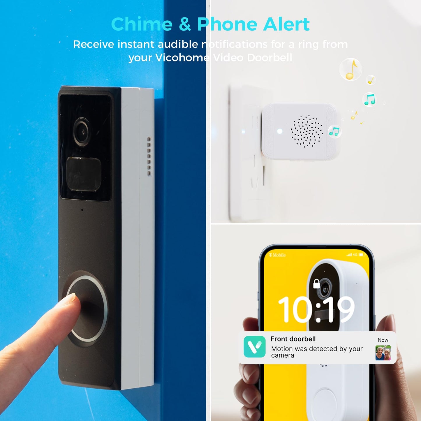 Vicohome DB3 2K Smart Video Doorbell with Chime, Home Security Battery Camera Wireless, Audible Alarm, Easy to Setup, Human Detection,Two Way Audio, 2.4GHz Wi-Fi, No SD Slot, 180 Days Exchange Policy