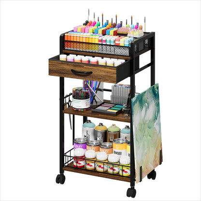 Homsorout 3 Tier Rolling Cart - Metal Utility Cart with Storage Drawer and Wheels, Versatile Art & Craft Organizer for Home, Office, or Studio Ideal for Storing Brushes, Paints, and Supplies Brown