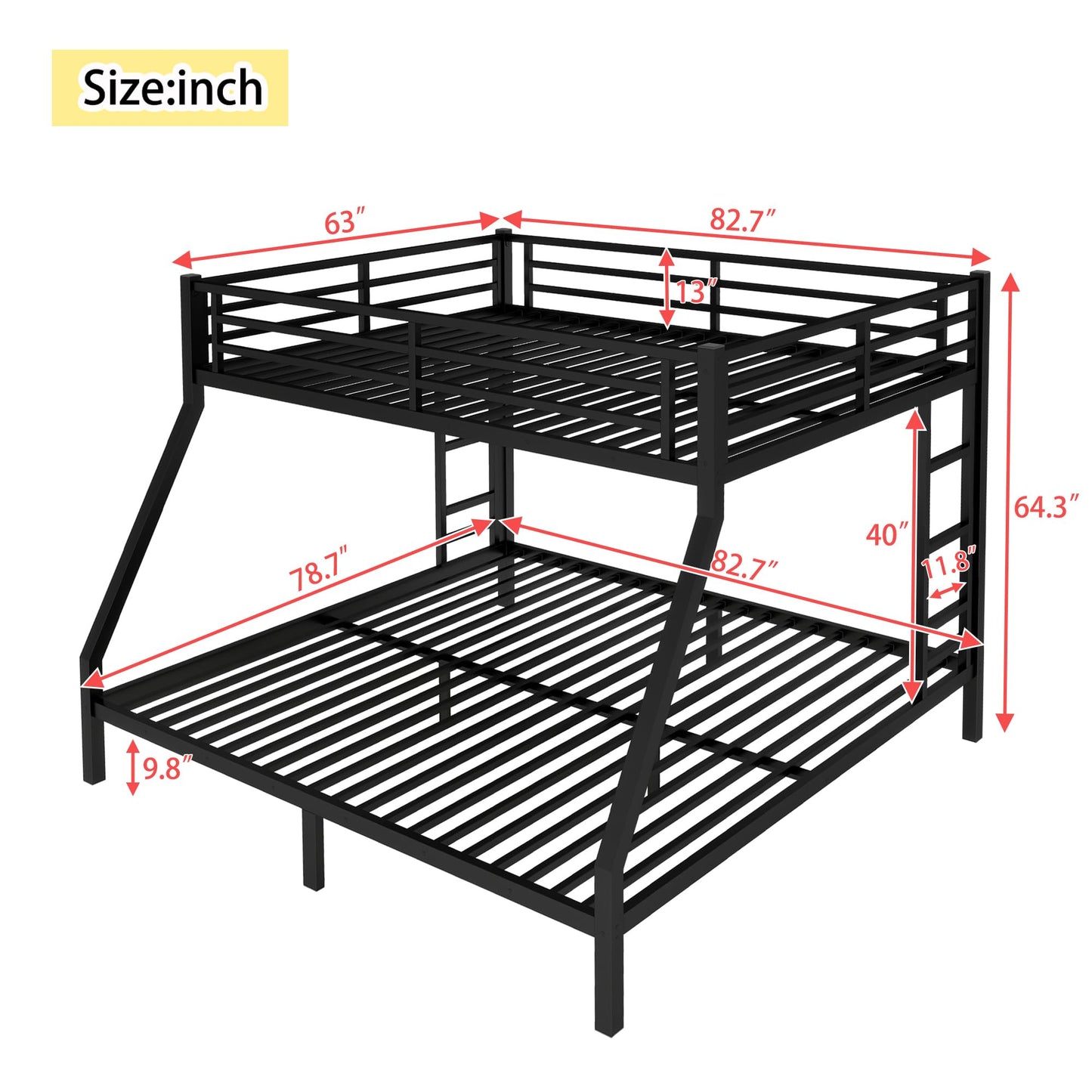 Bellemave Queen Over King Bunk Bed with 2 Side Ladders for Teens,Adults, Metal Bunk Bed Frame with Full-Length Guardrail for Dorm,Bedroom, Noise-Free Steel Slats, No Box Spring Required, Black