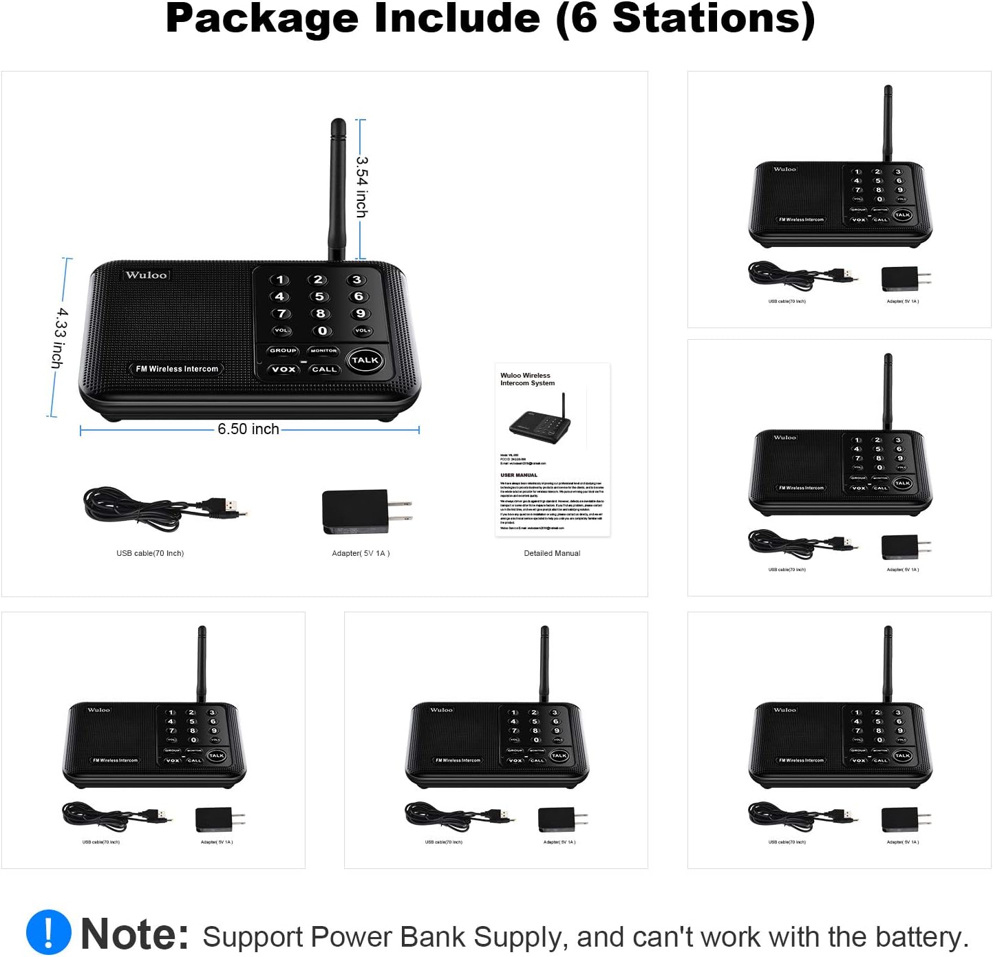 Wuloo Intercoms Wireless for Home 5280 Feet Range 10 Channel 3 Code, Wireless Intercom System for Home House Business Office, Room to Room Intercom, Home Communication System (6 Packs, Black)