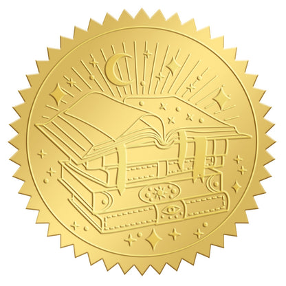 CRASPIRE 2" Gold Foil Sticker Magic Book 100pcs Certificate Seals Gold Embossed Round Embossed Foil Seal Stickers for Envelopes Invitation Card Diplomas Awards Graduation Celebration