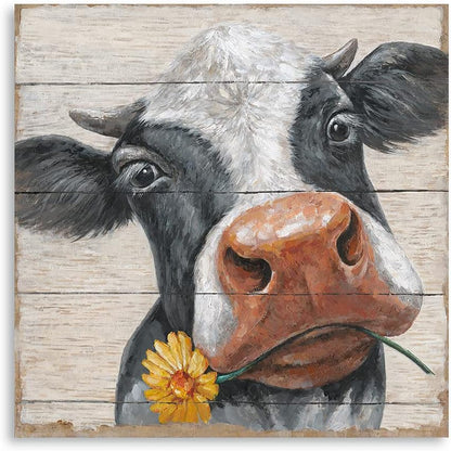 24"x24" Rustic Cow Pictures Wall Decor: Farmhouse Cow Canvas Wall Art Farm Animal Cow with Sunflower on Wood Panel