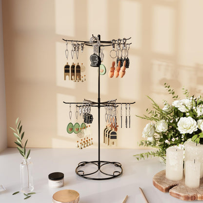 JHJFRAWY Jewelry Stand Organizer, 2-Tier Rotating Necklace Organizer, Spinning Jewelry Keychain Display Tree with 12 Hooks, Easy Assembly for Bedroom and Retail, Black