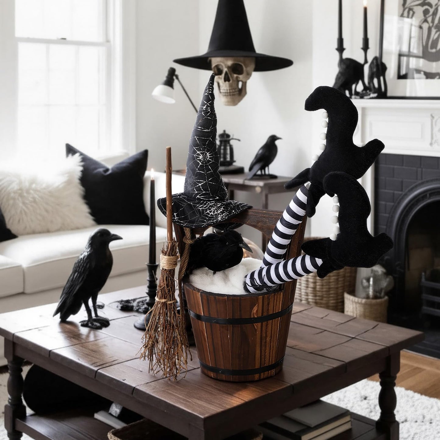 Cinnvoice Halloween Decorations Indoor Witch Legs Hat Broomstick Black Ravens Wooden Table Decor, Gothic Mantel Fireplace Centerpiece for Home Kitchen Office Bar Bedroom Holiday Indoor Party Supplies