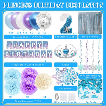 Skiennix Birthday Decorations for Girls - Winter Snow Theme Party Supplies with Number 2 Candle & Crown