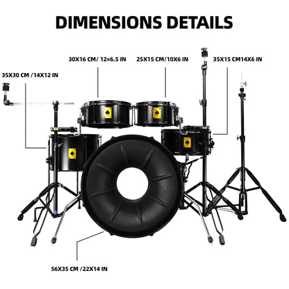 Beatello Metal Drum Set for Adults, 5-Piece Complete Acoustic Drum Kit with Independent Tom-Tom, Professional Resonant Metal Shells & Heavy Duty Stands for Beginners & Studio, Sleek Black