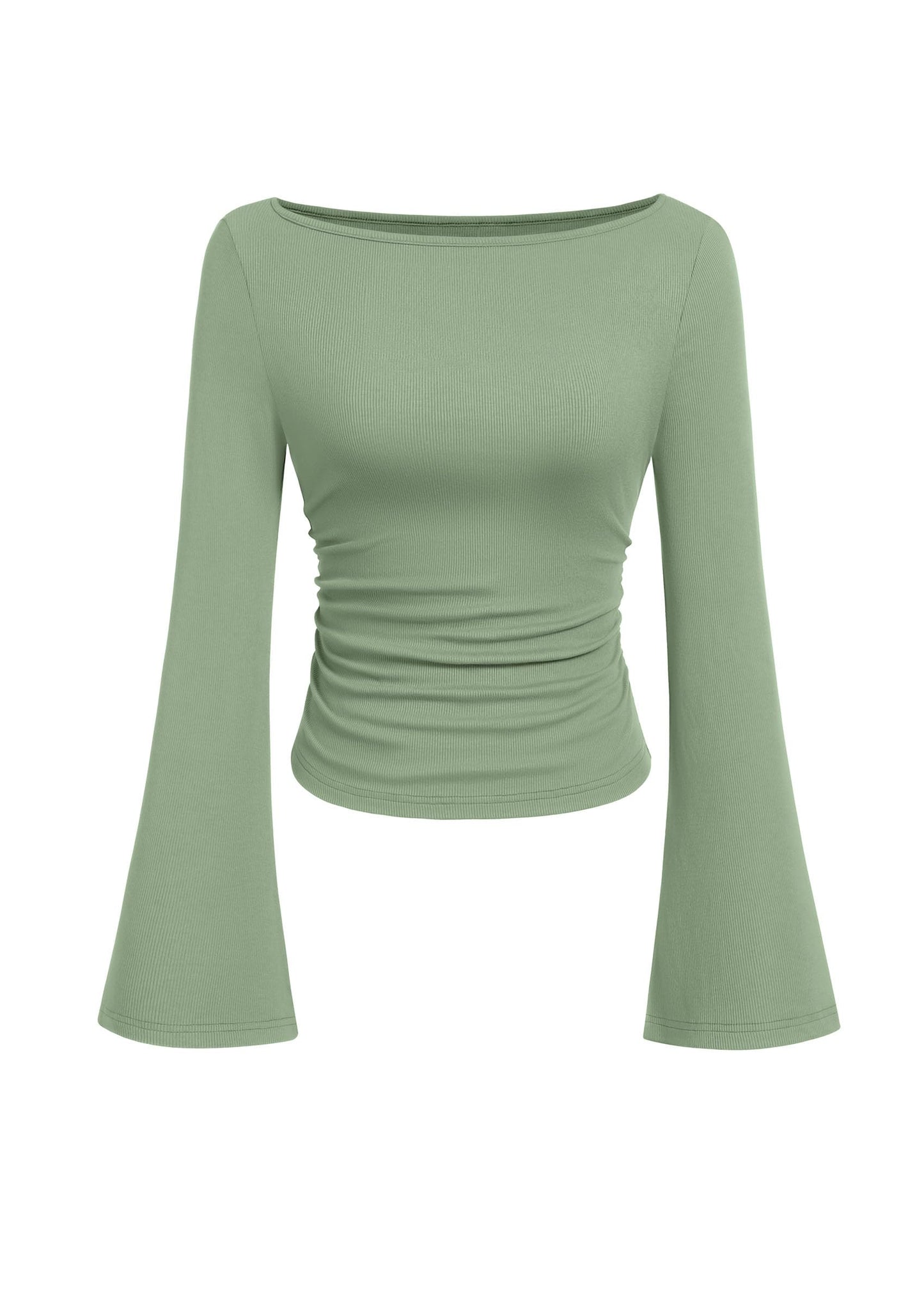 PRETTYGARDEN Women's Long Sleeve Shirts 2025 Fall Crop Going Out Tops Casual Boat Neck Bell Sleeve Ribbed Ruched Y2K Clothes