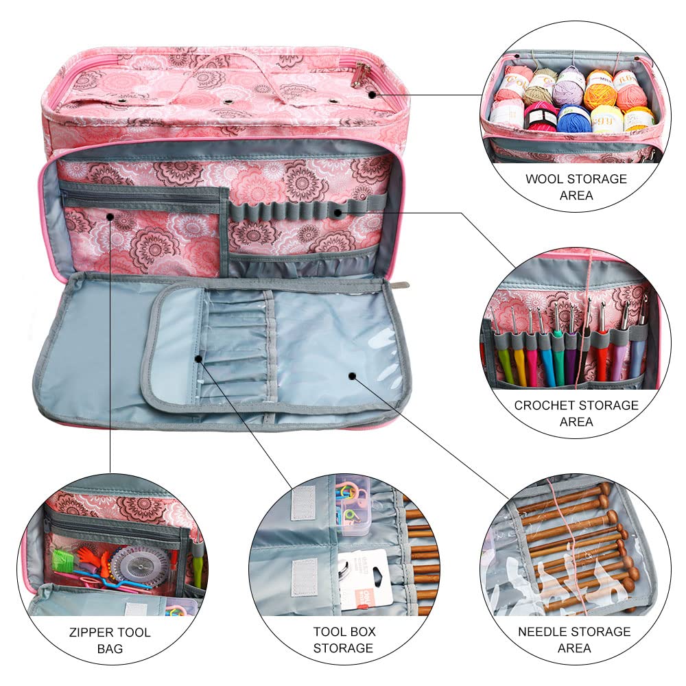 Looen Crochet Bag, Yarn Storage Organizer Tangle Free with 3 Grommets, Knitting Bag and Totes Organizer Large Craft Supplies for unfinished projects (Pink)