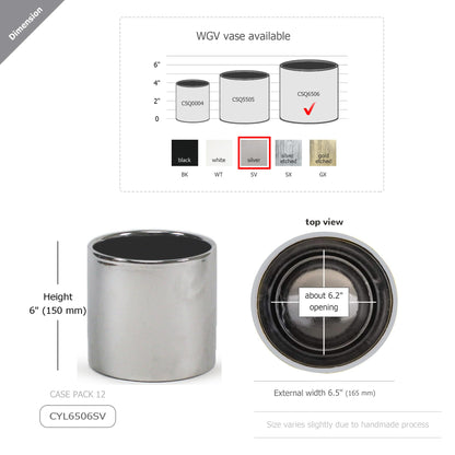 WGVI Silver Ceramic Cylinder Vase Width 6.5" Height 6", Flower Arrangements, Candle Holder, Terrarium Planter Pot, Storage Container Organizer, Pen Brush Holder, Smooth Silver Tabletop Decor, 1 Pc