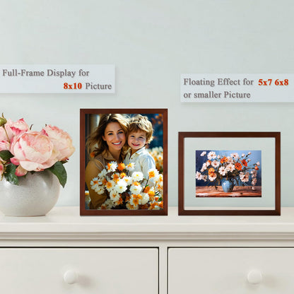 DLQuarts 8x10 Floating Photo Picture Frame, Floating Display 6x8, 5x7,or Full Display 8x10 Photos, Solid Wood, Double Glass, 2 Pack, Retro Walnut