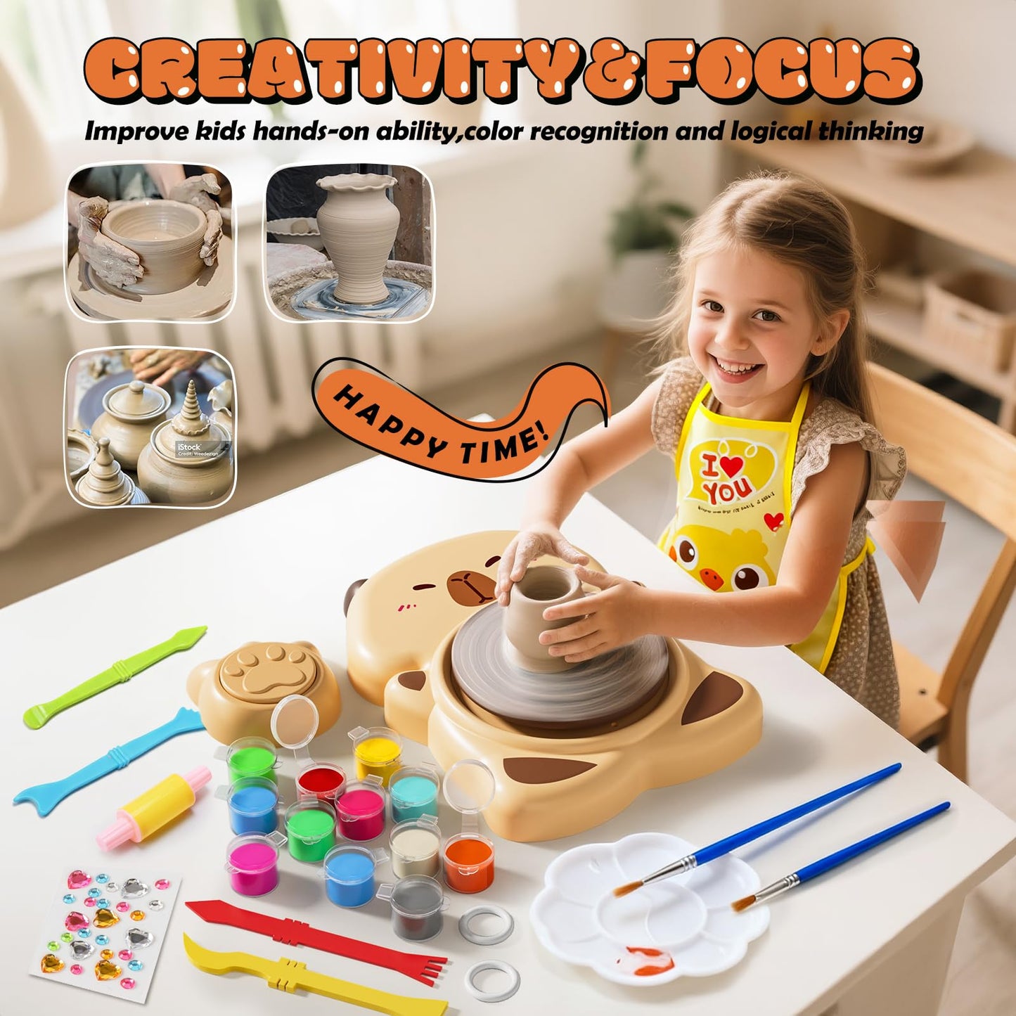 Skirfy Mini Pottery Wheel Machine Kit for Beginners Kids with Light,Electric Ceramic Wheel with Foot Pedal&Painting Kit, Adjustable Speed,Clay Spinner DIY Tools for Art Craft Birthday (Brown)