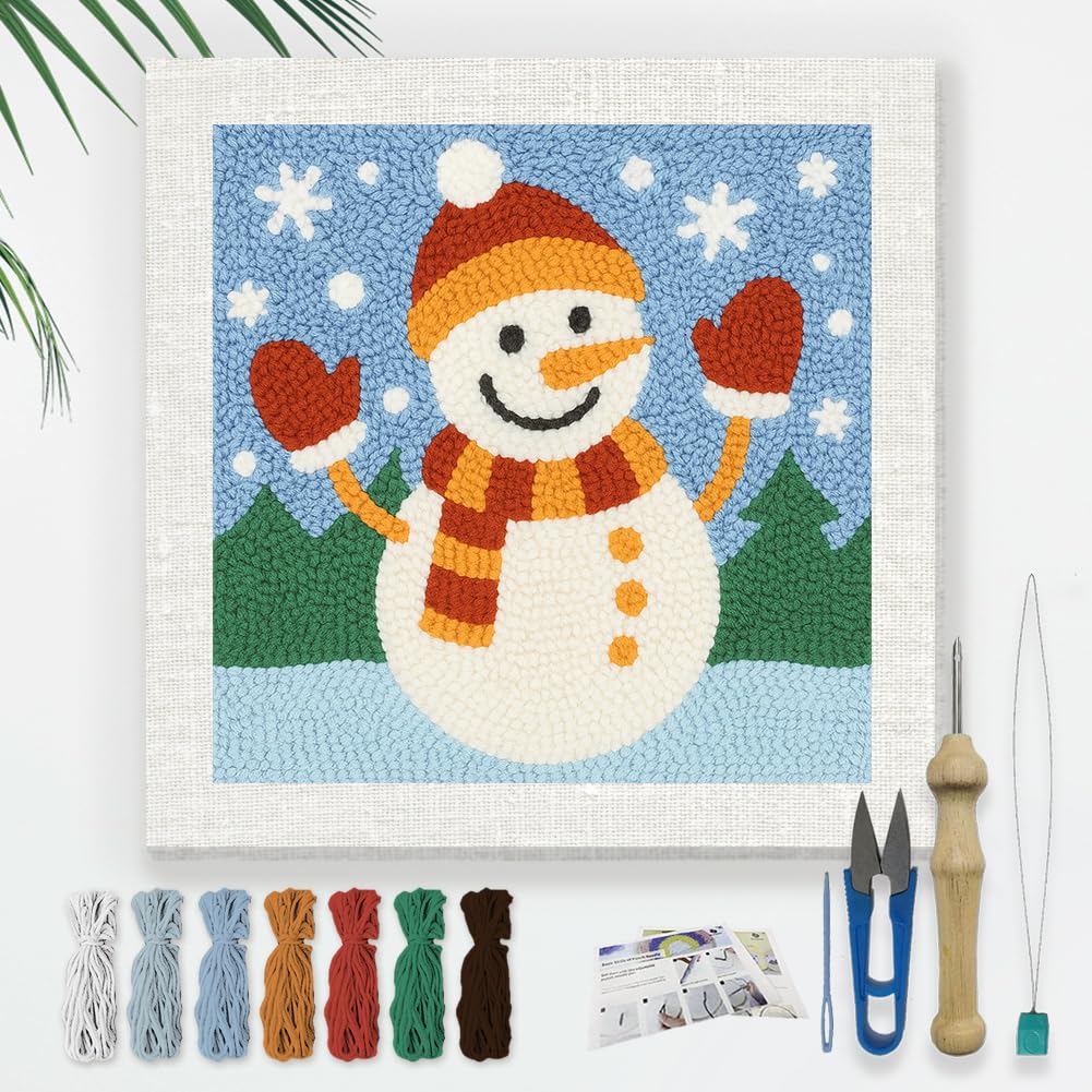 Doodlream Christmas Snowman DIY Punch Needle Embroidery Kit for Adult Beginner, 9.4" Snowman Punch Stitching Craft Set for Starter with Frame, Fabric Pattern, Threader, Yarn, Pinch Needle