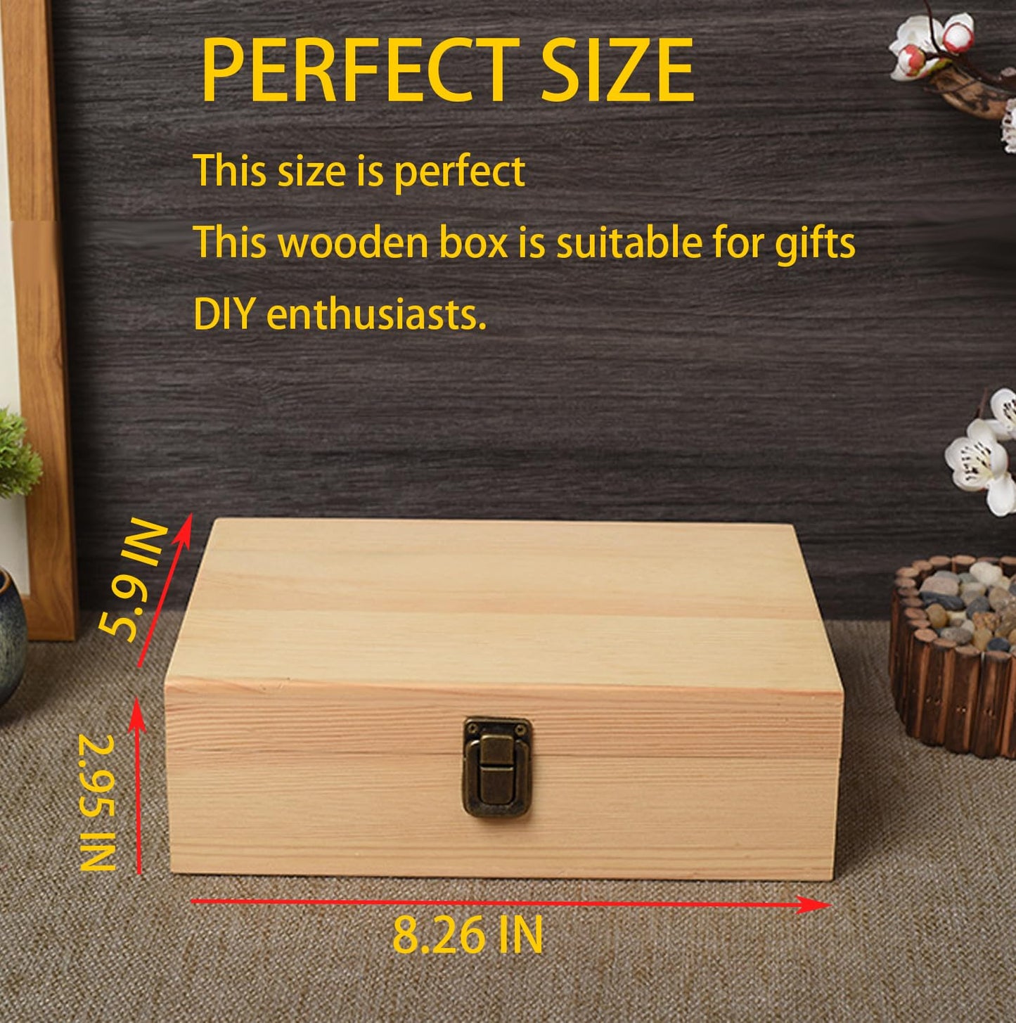 YXFZPAN Wooden Box with Hinged Lid - 8x6x3 Inch Natural Gift Box for Craft DIY Jewelry Boxes - Small Reusable Storage for Home Decor Art Supplies