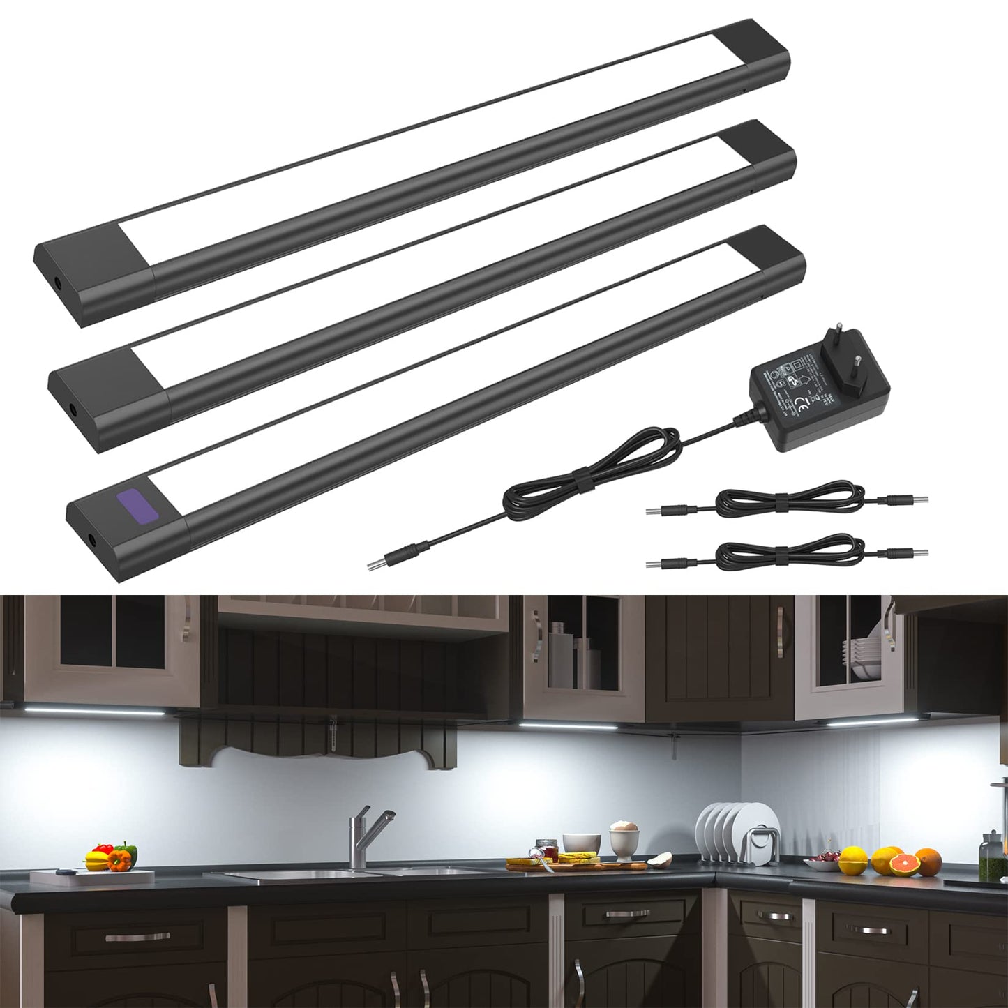 WOBANE Under-Unit Light Kitchen LED Dimmable, Hand Motion Activated, Bright Light Strip with Sensor, 3 x 30 cm LED Kitchen Lighting Under-Unit, Cool White Base Cabinet Lighting for Shelves, Wardrobe