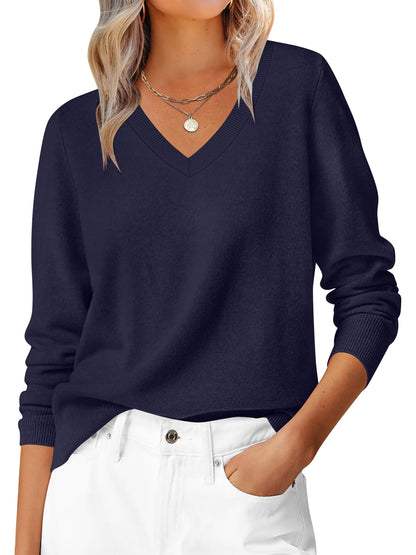 ANRABESS Womens Long Sleeve V Neck Sweaters 2025 Fall Casual Classic Soft Loose Fit Basic Pullover Jumper Top