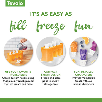 Tovolo Animal Popsicle Molds Zoo Crew Set of 4 Reusable Popsicle Molds with Sticks Bear Lion Monkey Elephant, BPA Free Silicone Pop Maker for Kids, Dishwasher Safe Animal Ice Molds for Frozen Treats