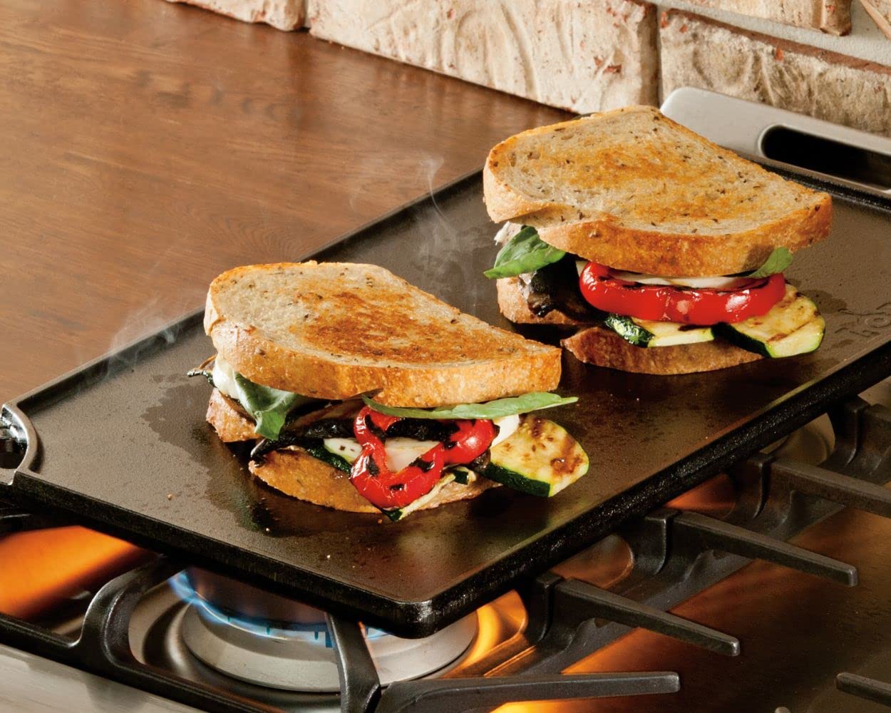 Lodge Reversible Cast Iron Grill/Griddle – 9.5 x 16.75 Inch Pre-Seasoned Cooking Surface – Flat & Ribbed Sides – Use on Stove, Grill, or Campfire – Made in the USA – Heavy-Duty, Black