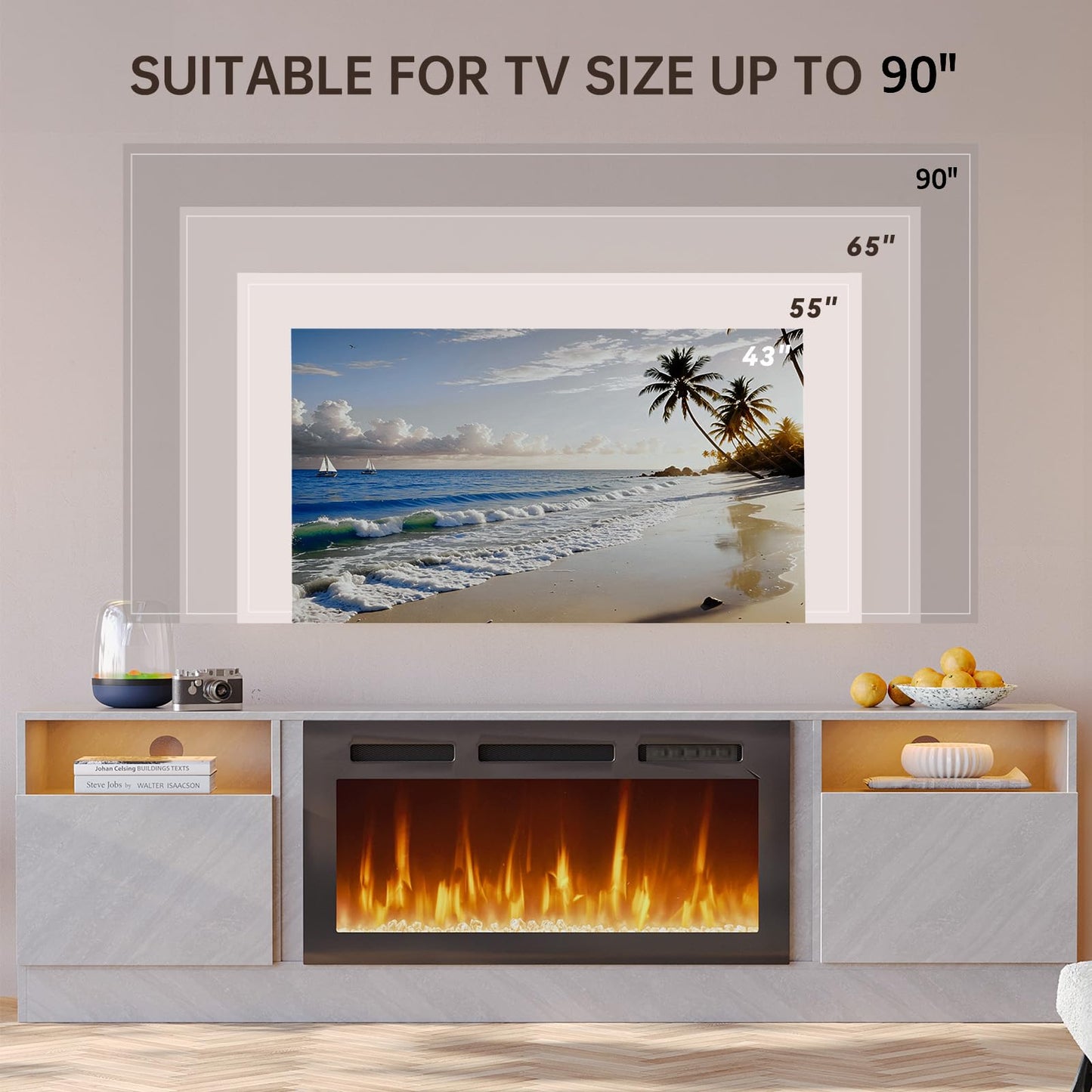 MXV 80" Fireplace TV Stand for TVs Up to 90", LED Light Entertainment Center with 36" Electric Fireplace, Modern Wood Texture TV Media Console with Highlight Storage Cabinet, Grey-Black