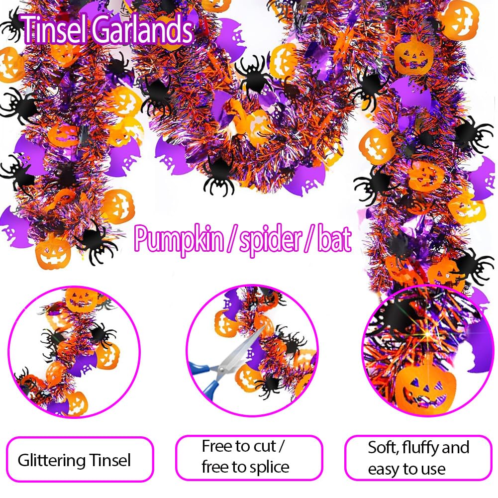 66 Ft Halloween Tinsel Garland with Orange Pumpkin Black Spider Purple Bat Glitter Tinsel Garland for Home Tree Ornaments Indoor Outdoor Party Halloween Decorations