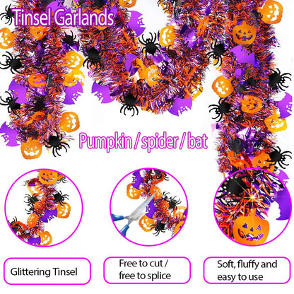 66 Ft Halloween Tinsel Garland with Orange Pumpkin Black Spider Purple Bat Glitter Tinsel Garland for Home Tree Ornaments Indoor Outdoor Party Halloween Decorations