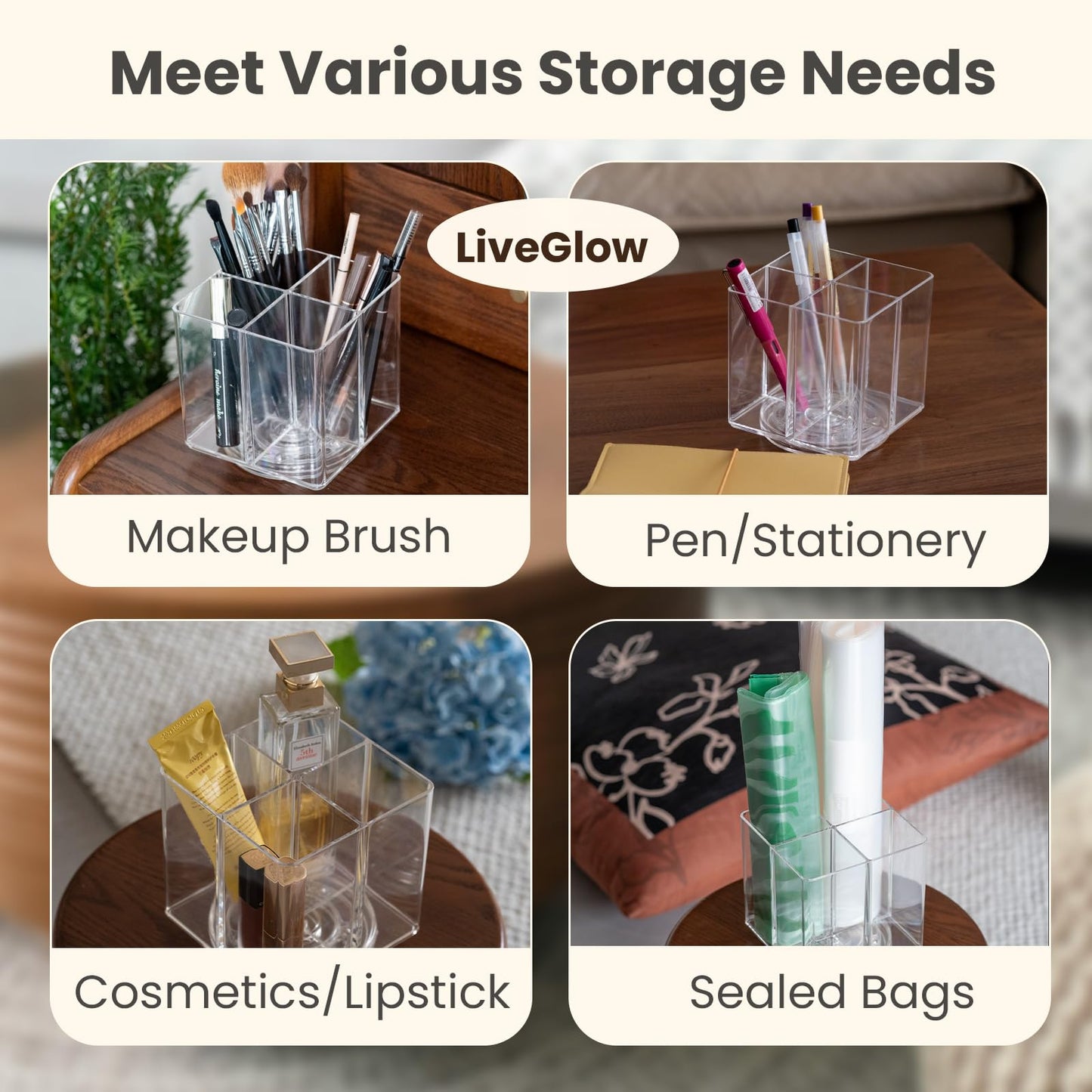 LiveGlow Clear Makeup Brush Holder,Acrylic Rotating 360°Makeup Brush Organizer,Pen holder with 4 Grids,Makeup Holder for Courtup,Containers for Desk,1pc