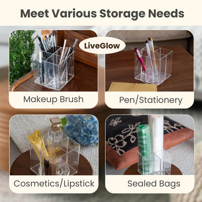 LiveGlow Clear Makeup Brush Holder,Acrylic Rotating 360°Makeup Brush Organizer,Pen holder with 4 Grids,Makeup Holder for Courtup,Containers for Desk,1pc