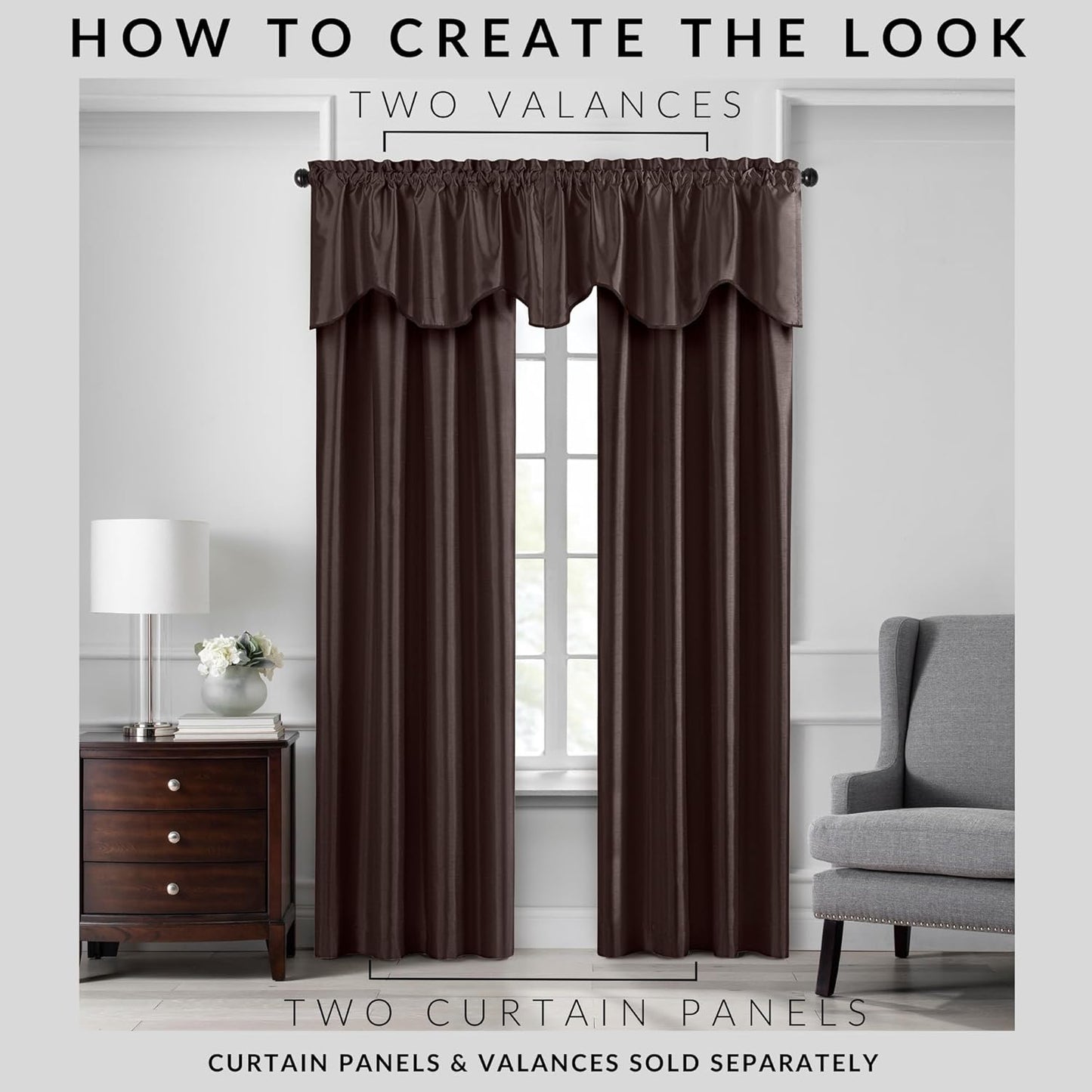 Elrene Home Fashions Colette Faux-Silk Scalloped Window Valance, Chocolate, 50 in x 21 in (Scalloped Valance)