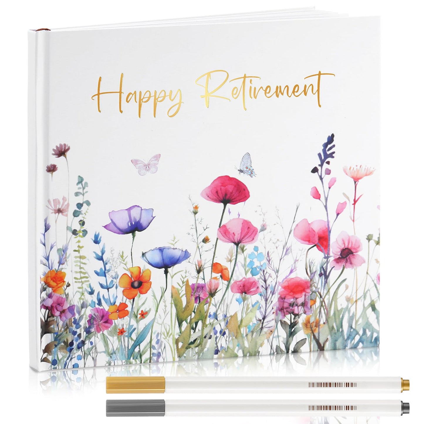 Resholder 2026 Retirement Guest Book with 2 Markers 8.7'' Square Hardcover Blank Guest Photo Signing Memory Book Happy Retirement Gift Party Supplies for Women Men Teacher Grad Decor (White,Floral)