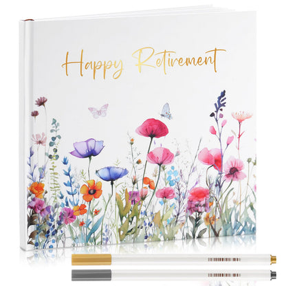 Resholder 2026 Retirement Guest Book with 2 Markers 8.7'' Square Hardcover Blank Guest Photo Signing Memory Book Happy Retirement Gift Party Supplies for Women Men Teacher Grad Decor (White,Floral)