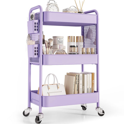 TOOLF 3 Tier Rolling Cart Storage Organizer, Metal Rolling Utility Cart with Wheels, Hooks & Bins Esthetician Craft Art Sturdy Storage with Pegboard for Bathroom, Kitchen, Office, Nursery Diaper