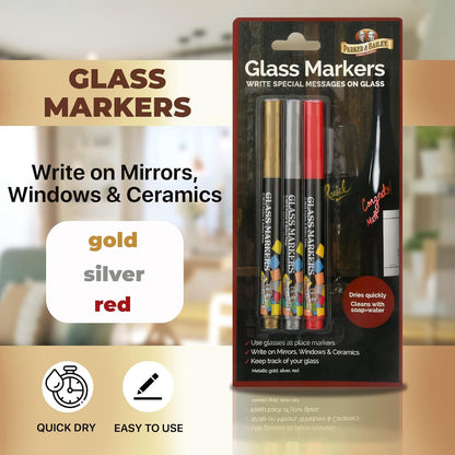 Parker & Bailey 3 Pack Glass Markers, Metallic Washable Wine Markers for Ceramics, Bottles, and Drink Glasses