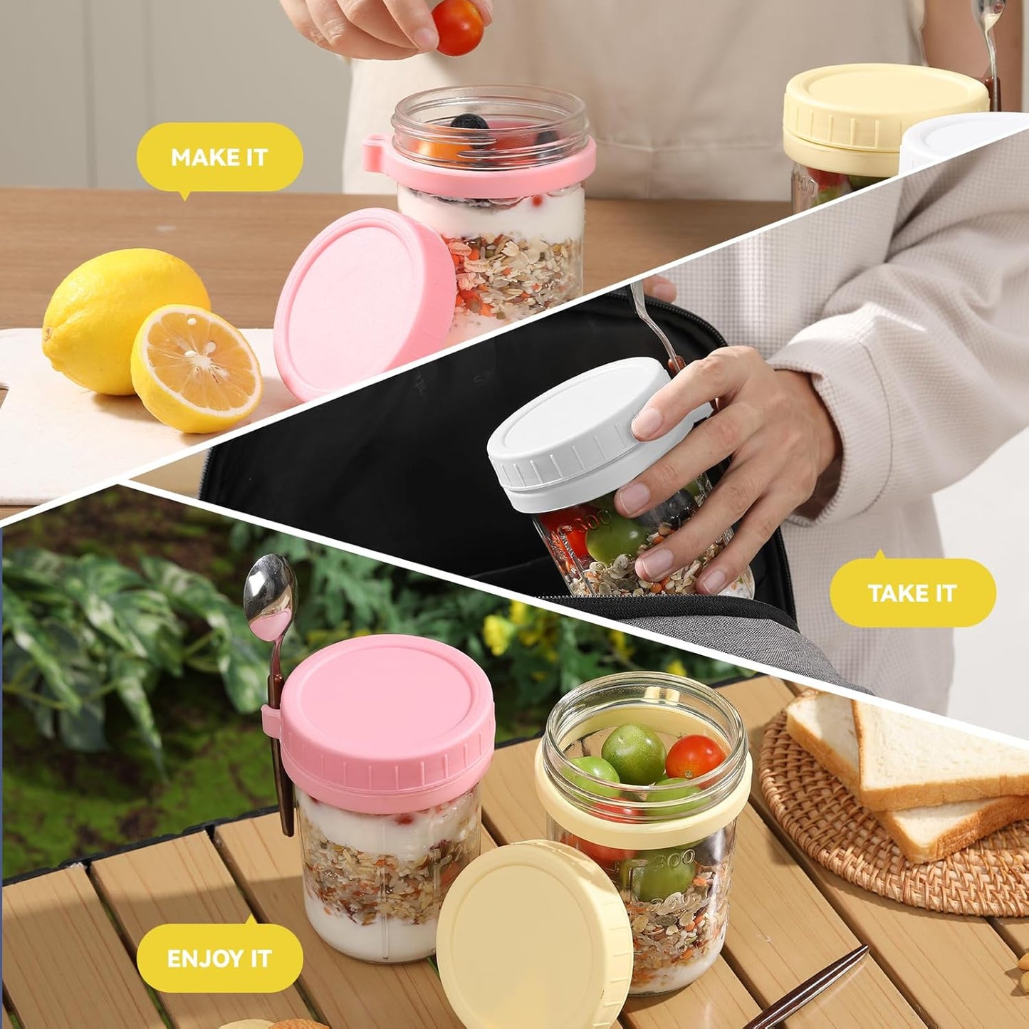 6 Pack Spoons,16 Oz (3 novelinks Overnight Oats Containers with Lids and Mason Jars, Leak Proof Overnight Oats Jars