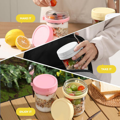 6 Pack Spoons,16 Oz (3 novelinks Overnight Oats Containers with Lids and Mason Jars, Leak Proof Overnight Oats Jars