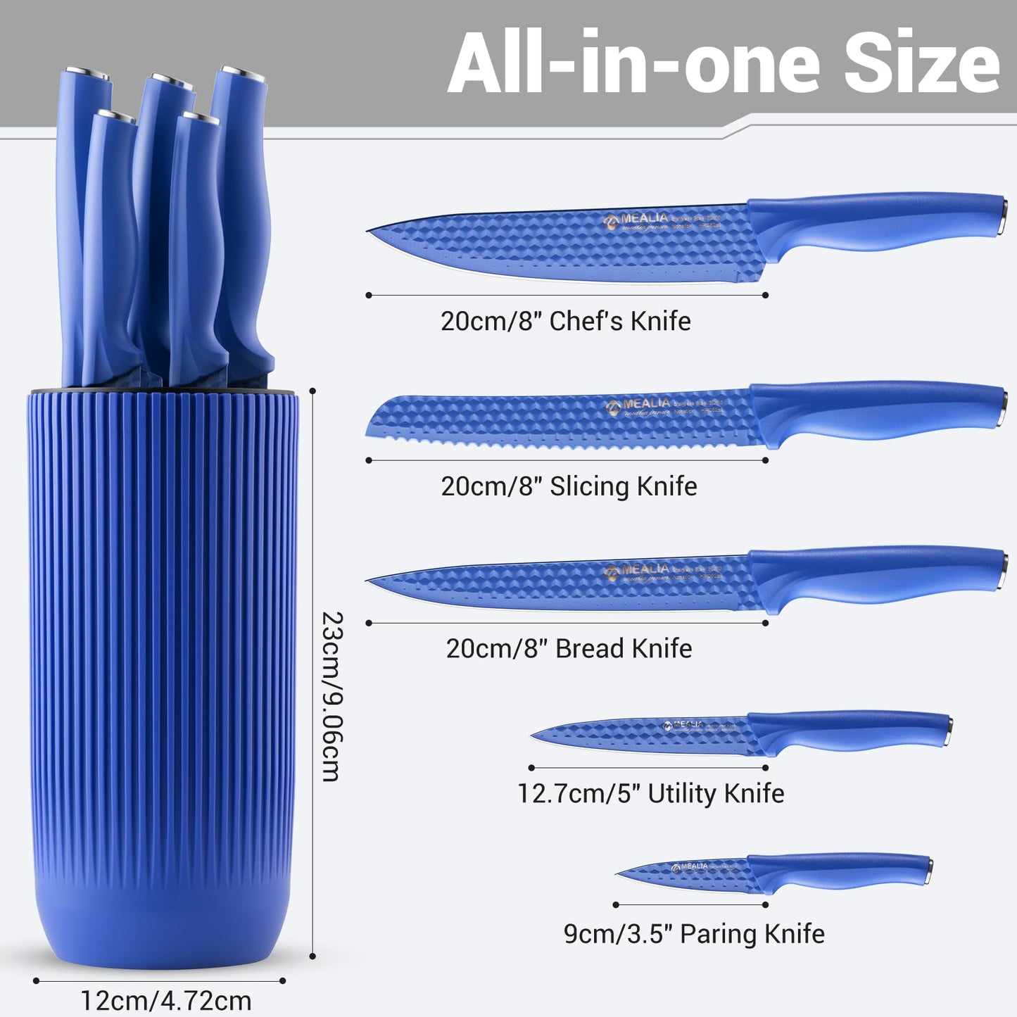 Mealia Kitchen Knife Set with Block, 6-Piece Non-stick Stainless Steel Sharp Knives Set for Precision Cutting with Universal Knife Block for Kitchen, Ergonomic Design & Dishwasher Safe, Purple