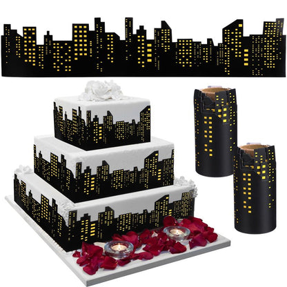 Janlaugh 2 Roll Skyscraper Cake Border Decoration Toppers Stick On or Lay On City Skyline Cake Decor Skyscraper Building Scenic Birthday Accessories for Bday Party Supplies (Skyline, Yellow)