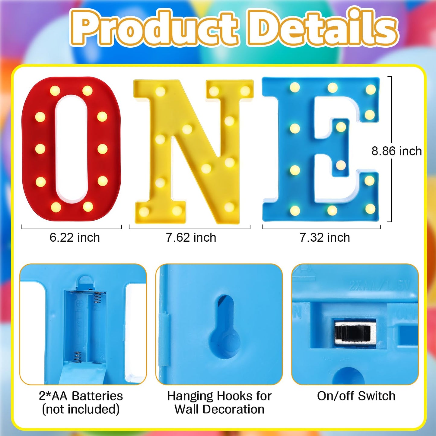 Aurelema Cartoon One Letter LED Lights, Toy Inspire 8.9 Inch Battery Powered LED Marquee Letters Lights Sign for 1 Year Old First Birthday Party Supplies Table Centerpieces Photo Prop Decor (Rainbow)
