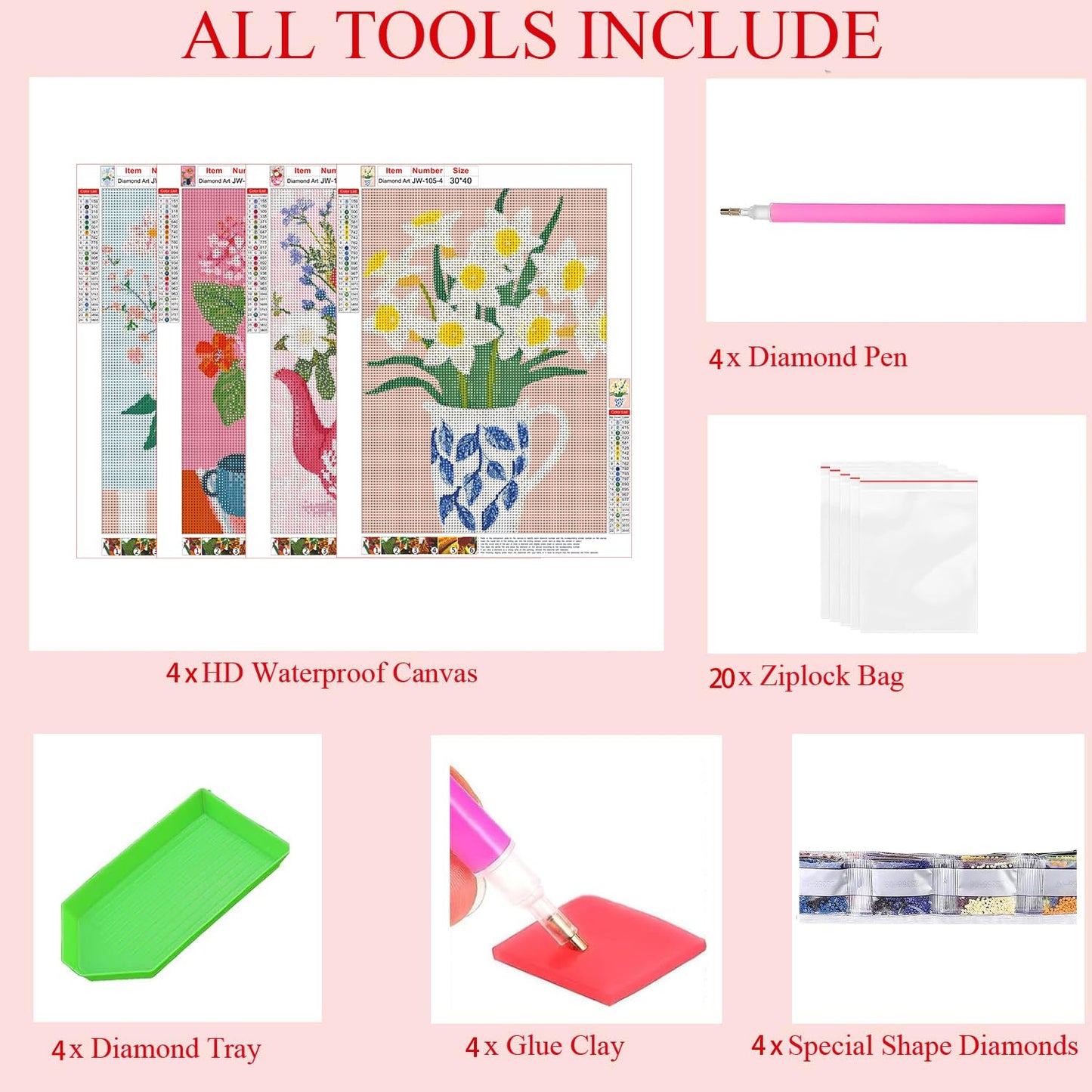 4 PC Flower Vase Diamond Art Kits for Adults, Diamond Painting Kit Adults for Beginners, Round 5D DIY Dimond art,Full Drill Painting Kit Art and Crafts for Adults Home Wall Decor【11.8x15.7inch】