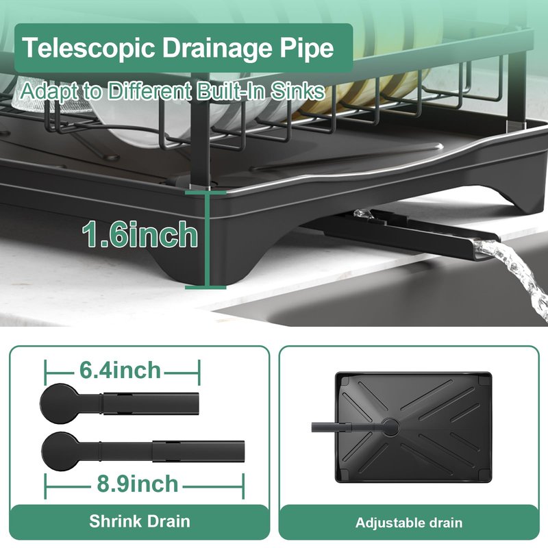HOMEAILIE Dish Drying Rack for Kitchen Counter, Large Dish Drying Rack with Utensil Holder & Cutlery Tray, Dish Drainer with Drainboard, Black