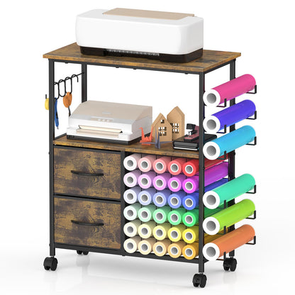 Craft Table Compatible with Cricut Machines Rolling Craft Storage Cart with Vinyl Roll Holders, Crafting Table Workstation with 2 Fabric Drawers, Locakable Wheels, Rustic Brown