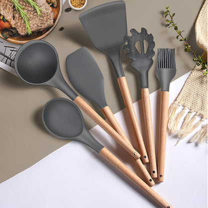 LIANYU 15-Piece Kitchen Silicone Cooking Utensils Set with Holder, Wooden Handle Tools in Black Gray