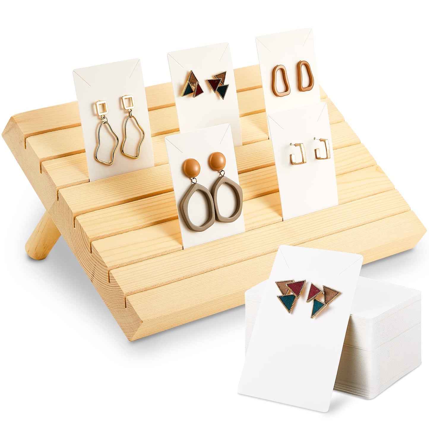 Blulu 31 Pack Wooden Earring Display Stand 7 Slots jewelry Display Holder with Earring Card for Selling Vendors Retail Show(Wood, White)
