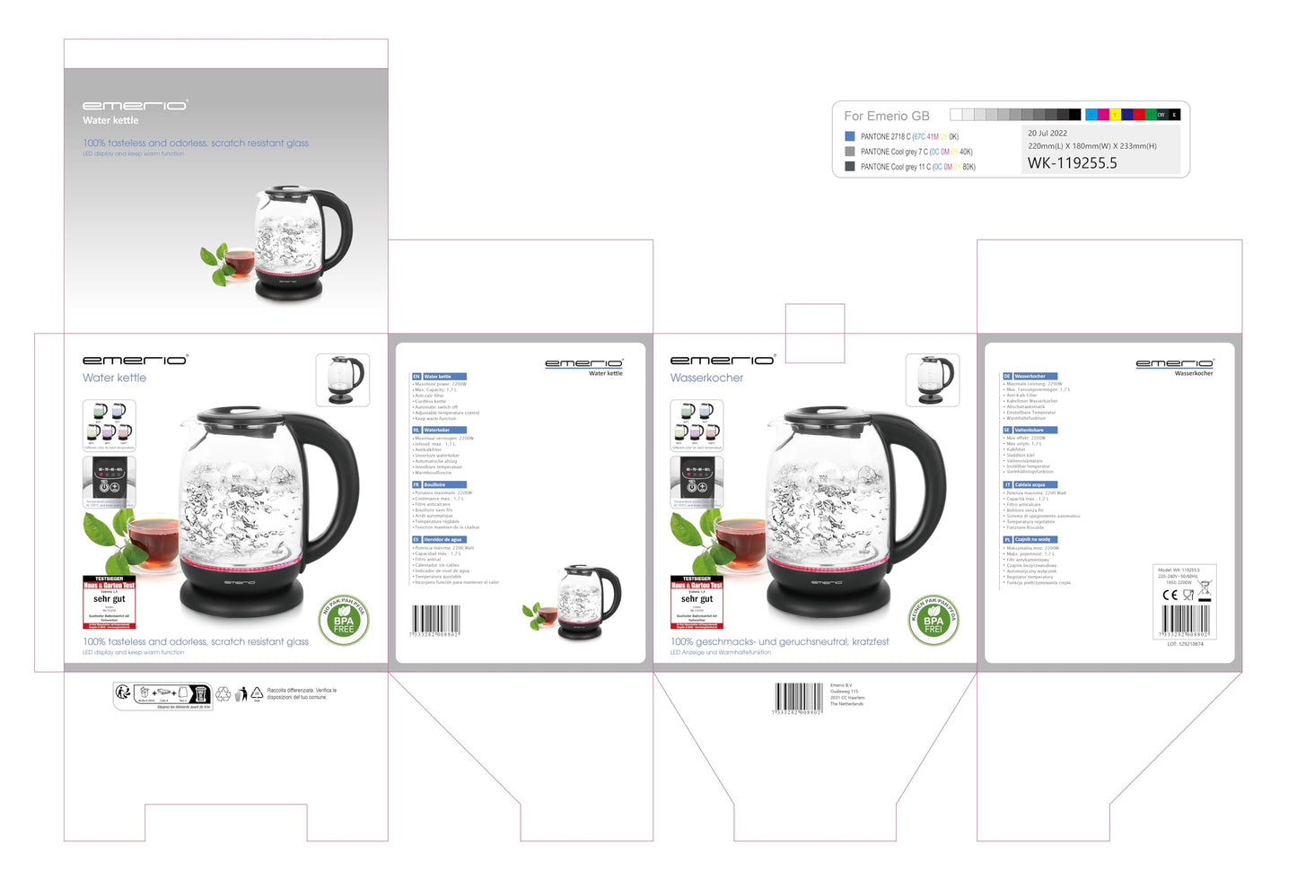Emerio WK-119255 Electric Kettle Glass, 2200 W, 1.7 liters, Stainless Steel, Transparent Black [Energy Efficiency Class A+]