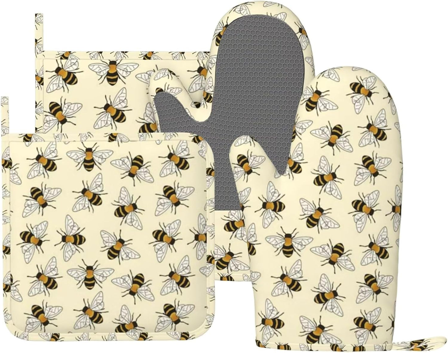 Happy Busy Bees Kitchen Mitts and Pot Holders Set, 4Pcs Silicone Bees Oven Gloves, Heat Resistant Potholders for Baking