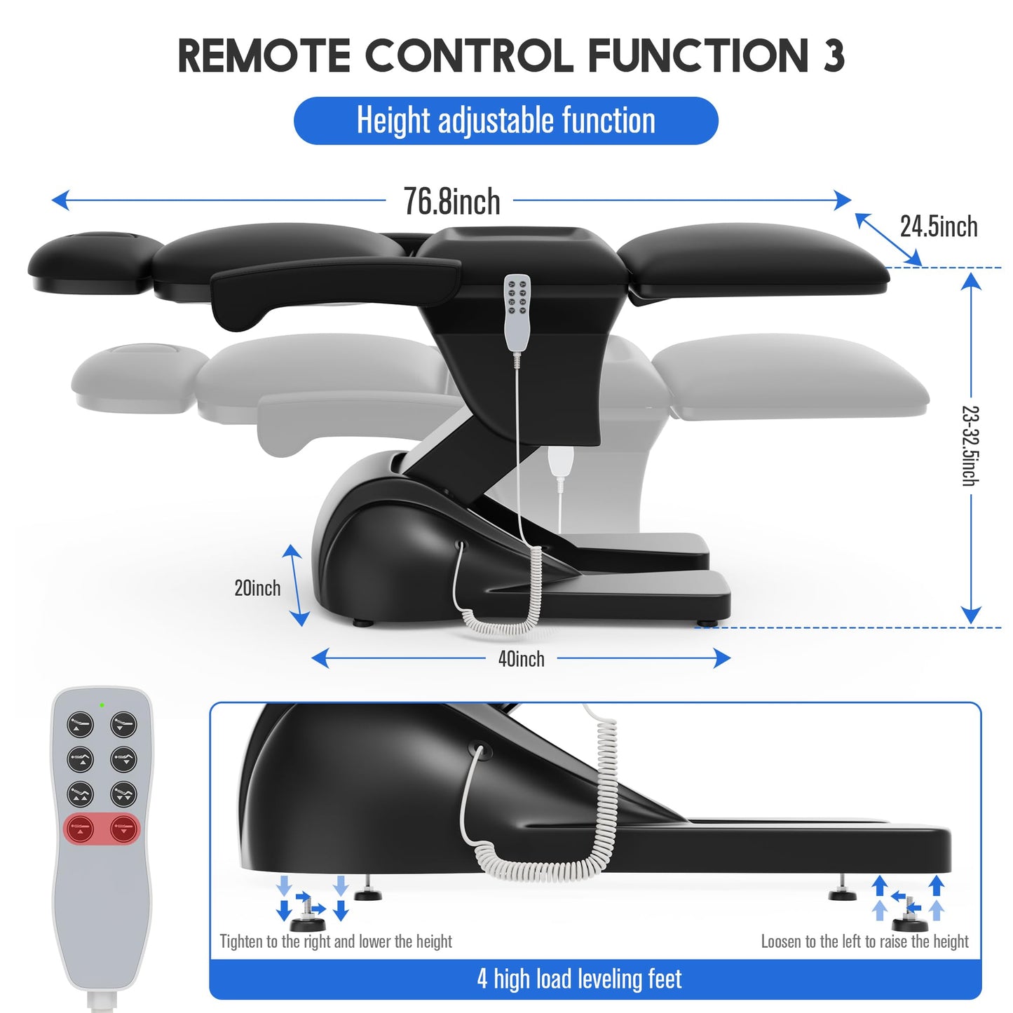 Dolonm 3 Motor Electric Chair, Hand Remote Controlled Adjustable, Hydraulic System for Medical Treatment Exam, Facial, Spa, Eyelash, Tattoo, Podiatry Treatment Beauty Massage - Black